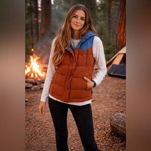 Patagonia Ladies Large Bivy Hooded Down Vest Jacket Tan & Blue Full Zip NWT